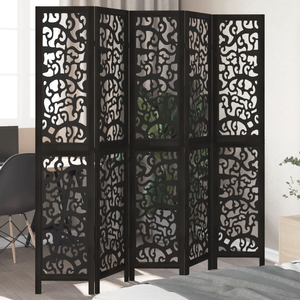 Room Divider 5 Panels Black Solid Wood Paulownia